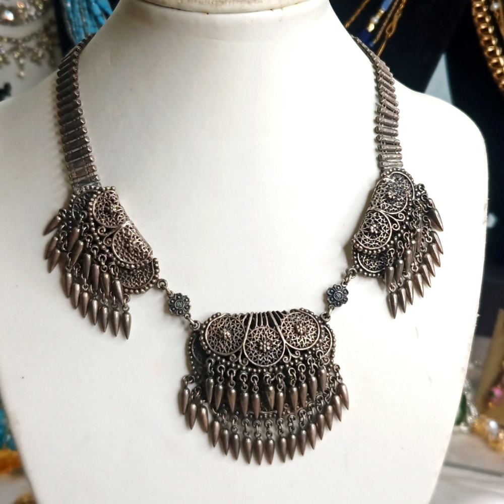 Vintage Fligrie Necklace pewter silver Soumerian Statement jewelry
